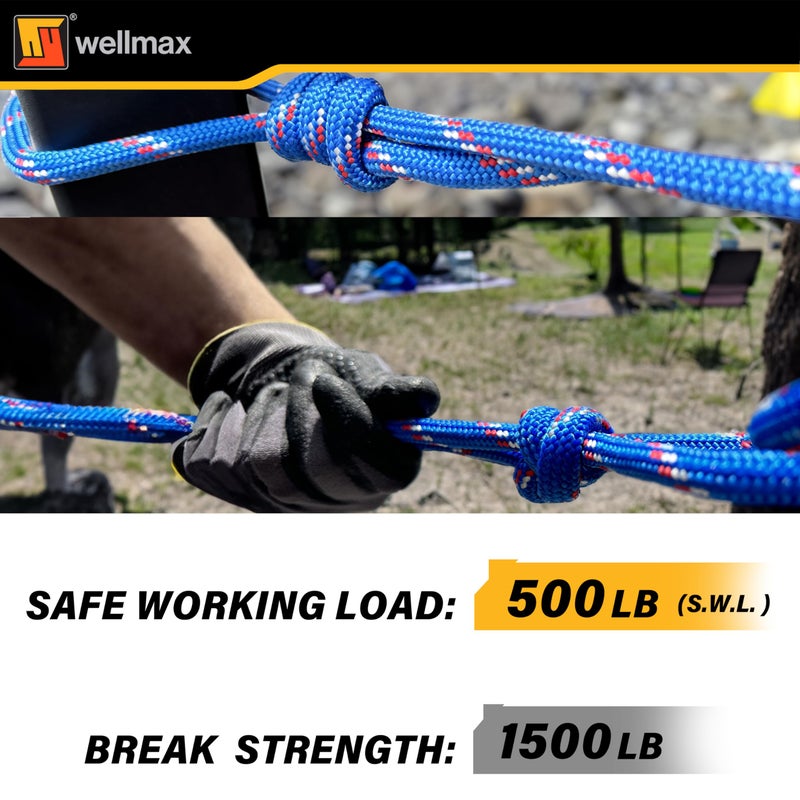 Wellmax Diamond Braid Nylon Rope - 3/8 Inch by 50 Feet Blue Color - Extra Strength, Sunlight and Weather Resistant - Heavy Duty Construction - Image 2